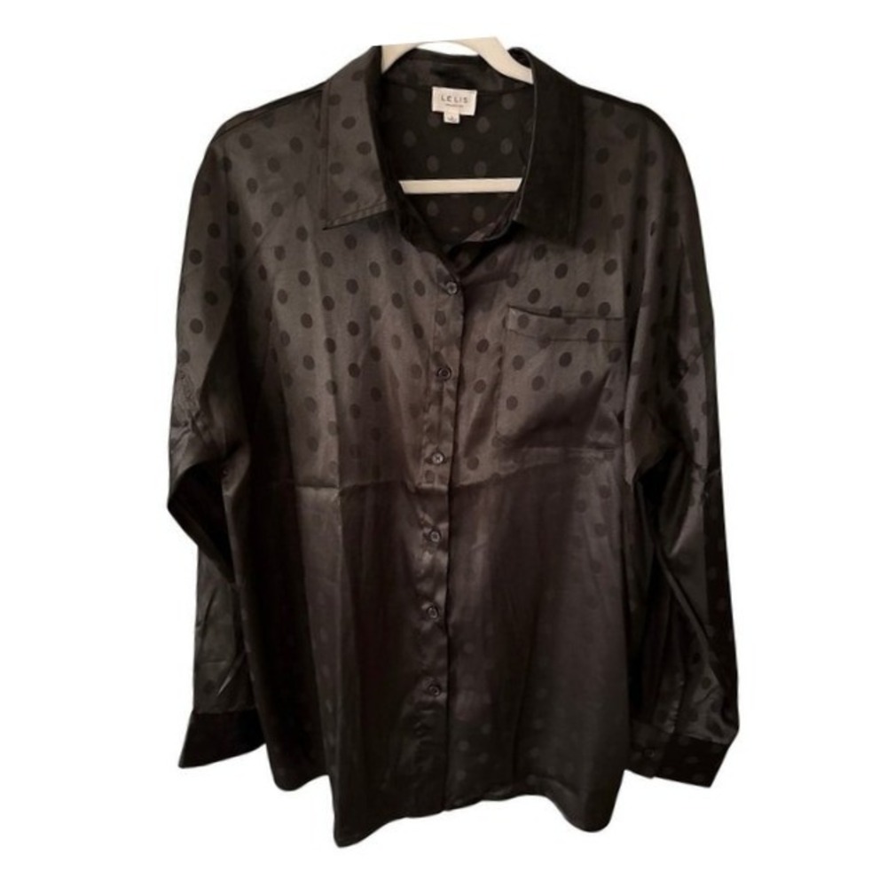 Le Lis Button Up Polka Dot Blouse L Black on Black Satiny Long Sleeve Officewear